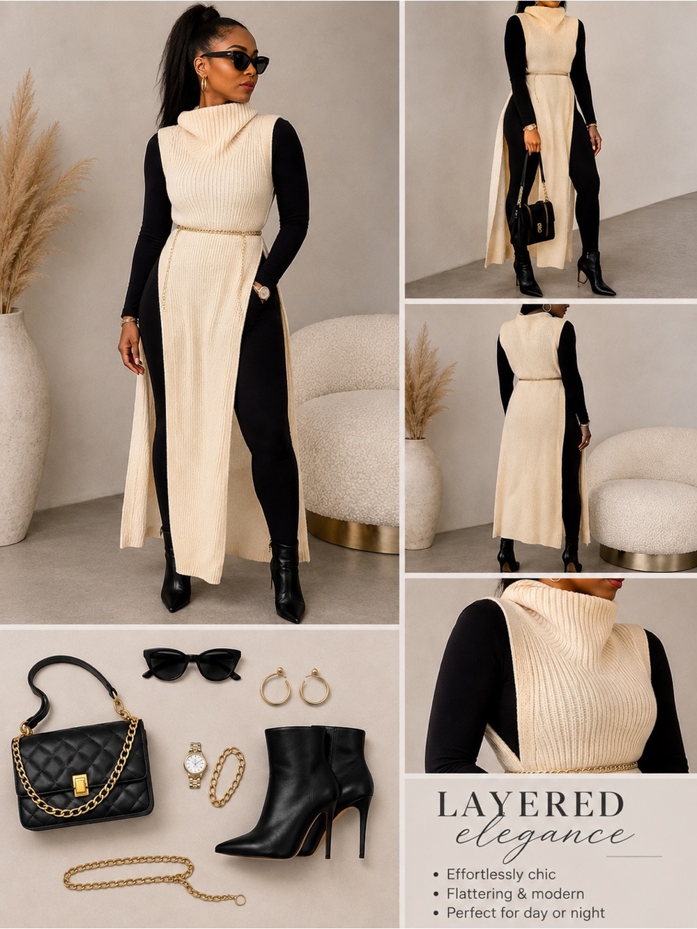 Cream long turtle neck sweater dress